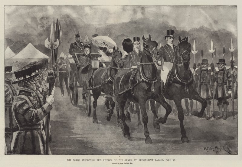 The Queen Inspecting the Yeomen of the Guard at Buckingham Palace, 23 June by Richard Caton Woodville junior