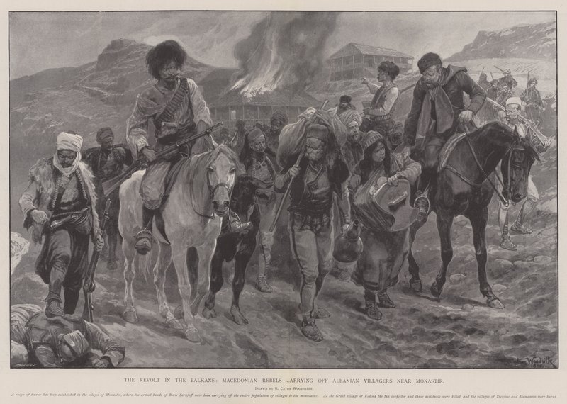 The Revolt in the Balkans, Macedonian Rebels carrying off Albanian Villagers near Monastir by Richard Caton Woodville junior