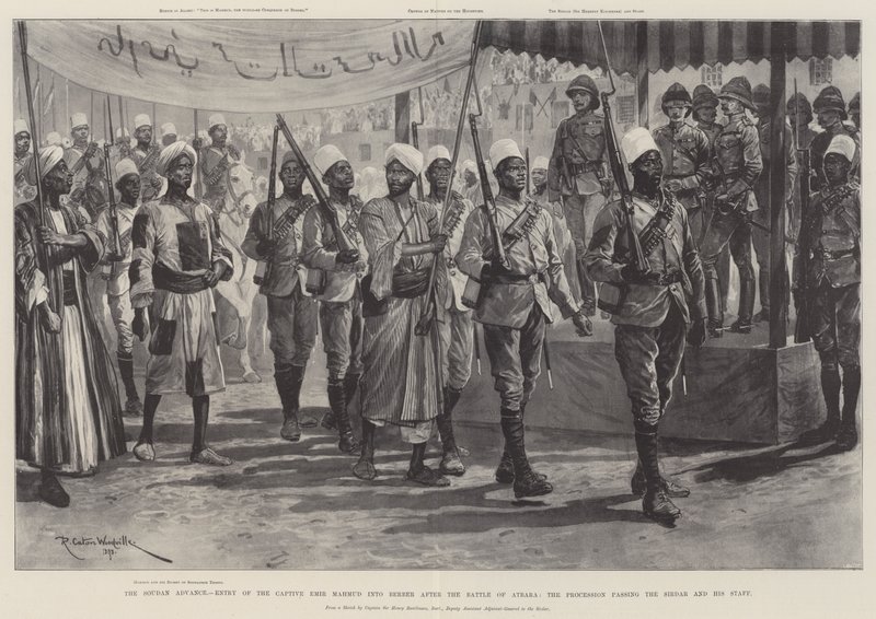 The Soudan Advance, Entry of the Captive Emir Mahmud into Berber after the Battle of Atbara, the Procession passing the Sirdar and his Staff by Richard Caton Woodville junior