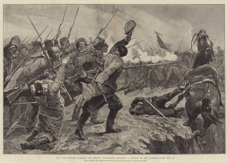The War between Bulgaria and Serbia, Bulgarians Capturing a Position in the Tzaribrod Pass, 23 November by Richard Caton Woodville junior