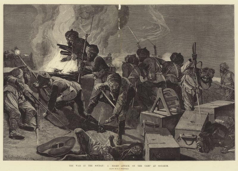 The War in the Soudan, a Night Attack on the Camp at Souakim by Richard Caton Woodville junior