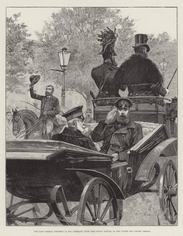 The late German Emperor in his Carriage, with the Crown Prince, in the Unter den Linden, Berlin by Richard Caton Woodville junior