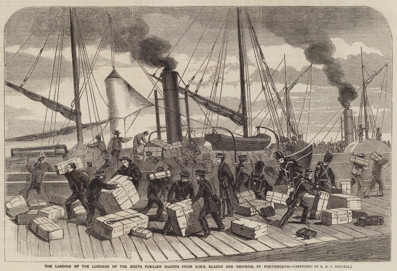 The Landing of the Luggage of the Scots Fusilier Guards from HMS Blazer and Rainbow, at Portsmouth by Richard Ubsdell