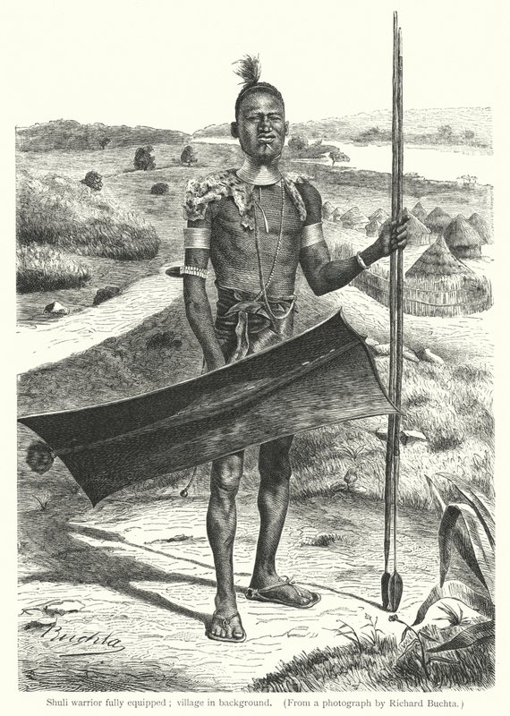 Shuli warrior fully equipped; village in background by Richard (after) Buchta