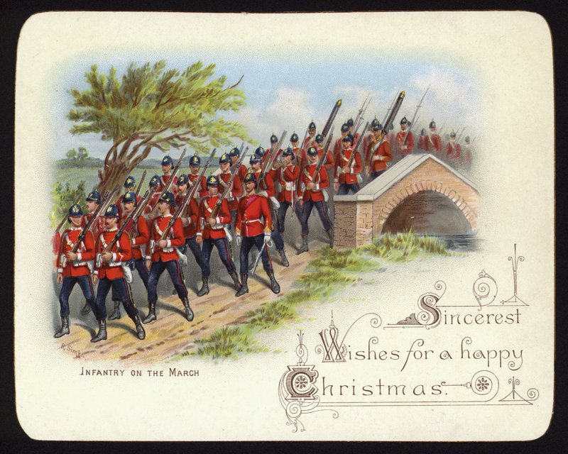 Infantry on the march, Christmas greetings card by Richard (after) Simkin