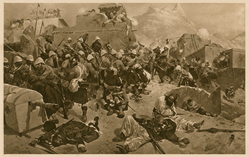 92nd Highlanders and 2nd Gurkhas storming Gundi Mulla Sahibdad during the Battle of Kandahar, Afghanistan, Second Anglo-Afghan War by Richard Caton II (after) Woodville