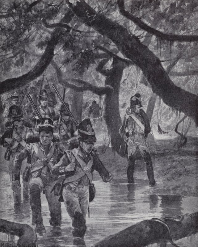 British soldiers crossing the swamps of the Essequibo River in British Guiana by Richard Caton II (after) Woodville