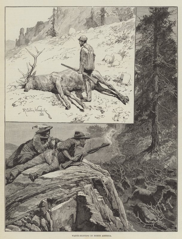 Wapiti-Hunting in North America (engraving) by Richard Caton II (after) Woodville