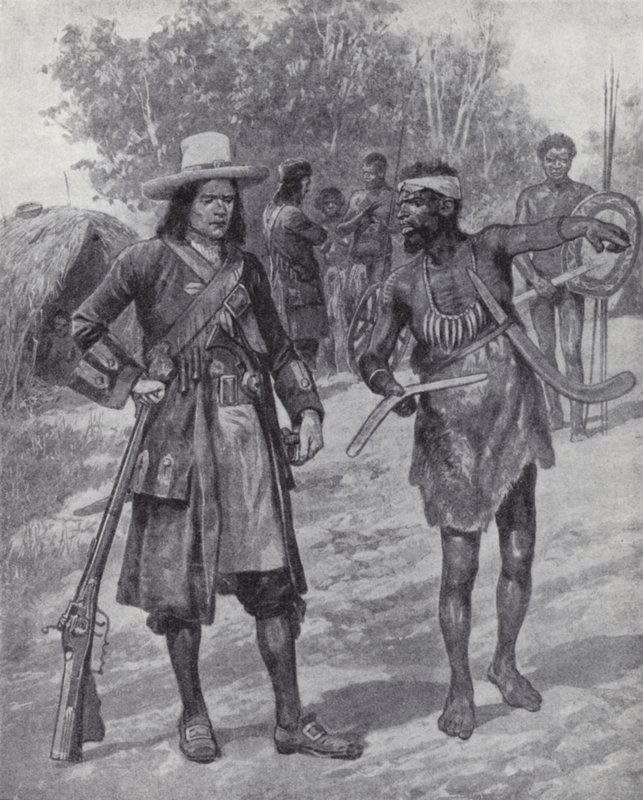William Dampier with an indigenous man during his exploration of Australia, late 17th century by Richard Caton II (after) Woodville