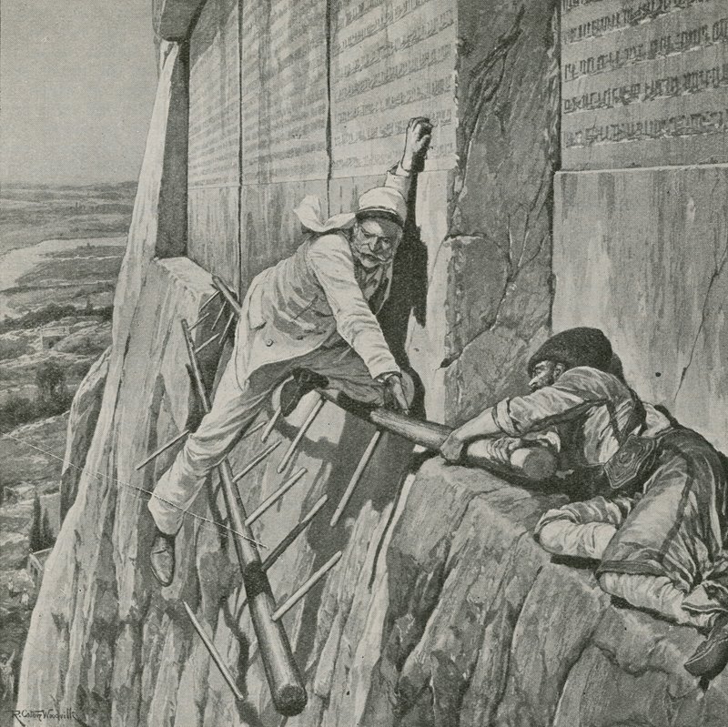 A Narrow Escape for Sir Henry Rawlinson at the Rock of Behistun by Richard Caton Woodville junior