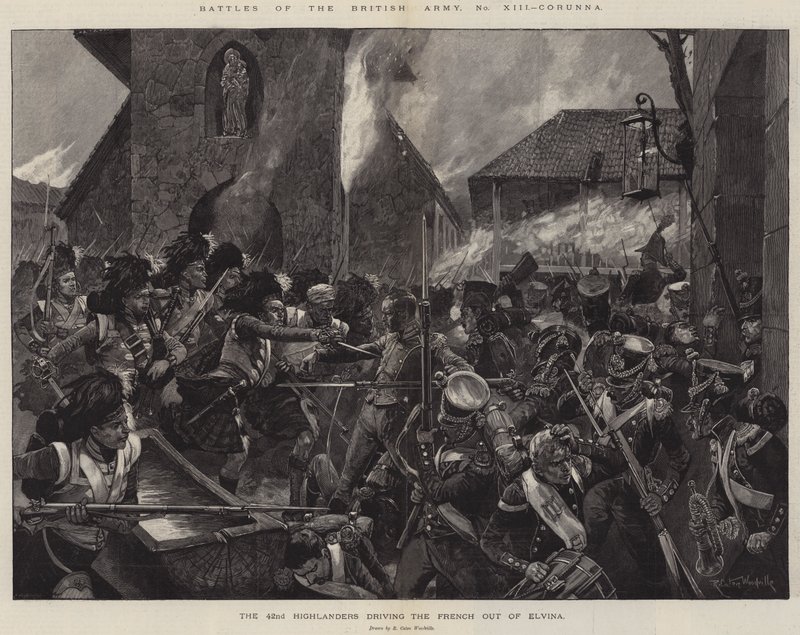 Battles of the British Army, Corunna, the 42nd Highlanders driving the French out of Elvina by Richard Caton Woodville junior