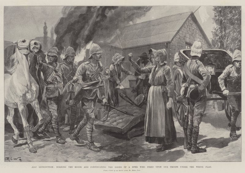 Just Retribution, Burning the House and Confiscating the Goods of a Boer Who Fired Upon Our Troops Under the White Flag by Richard Caton Woodville junior