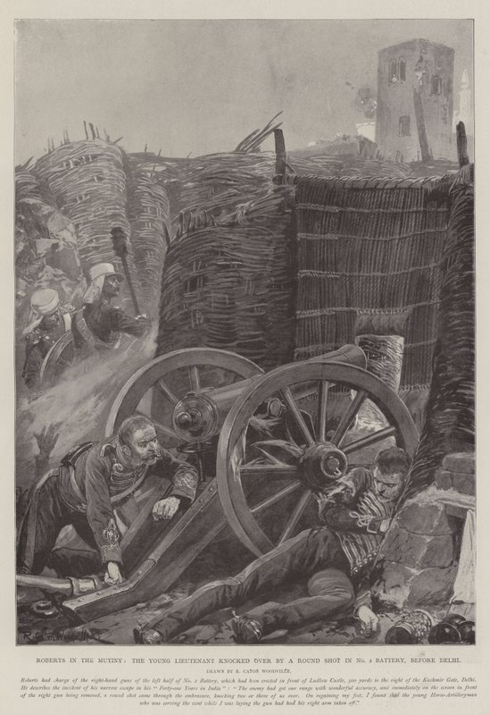 Roberts in the Mutiny, the Young Lieutenant knocked over by a Round Shot in No 2 Battery, before Delhi by Richard Caton Woodville junior