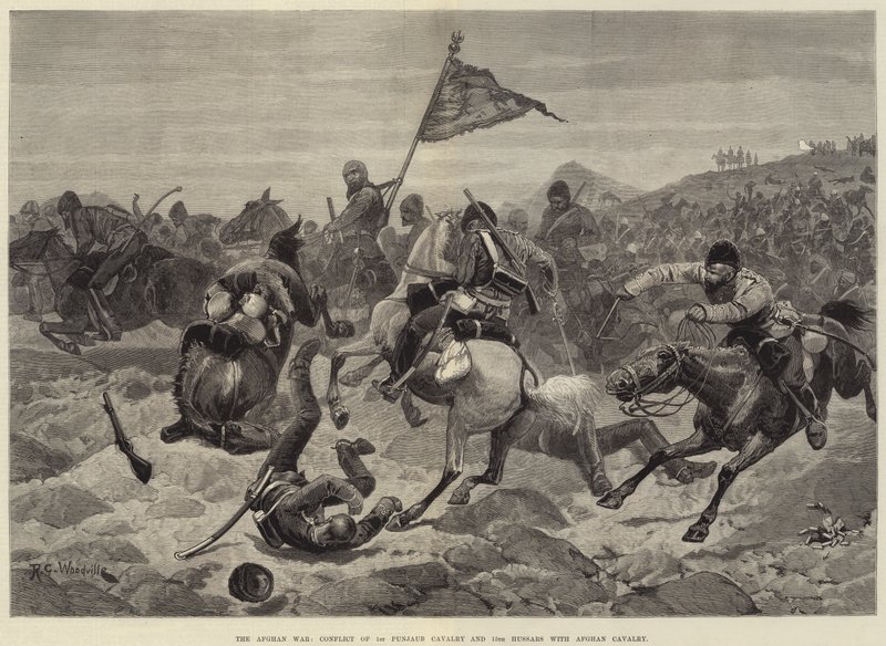 The Afghan War, Conflict of 1st Punjaub Cavalry and 15th Hussars with Afghan Cavalry by Richard Caton Woodville junior