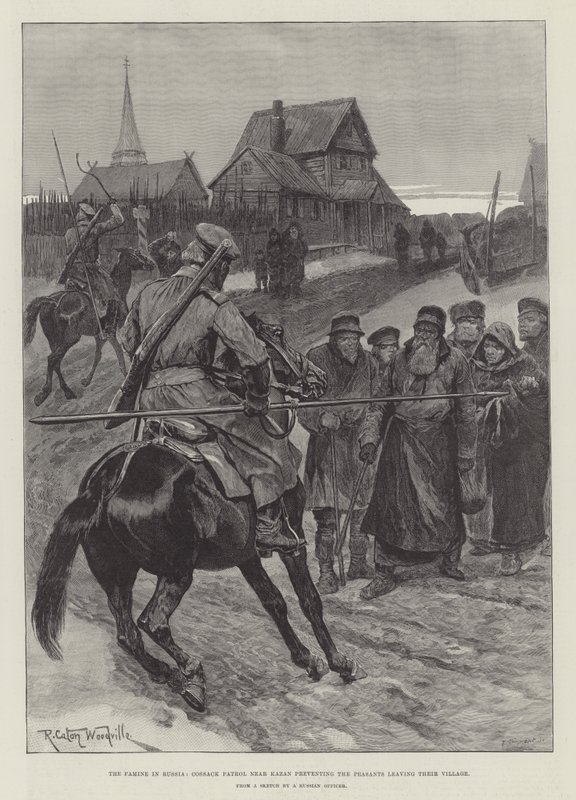 The Famine in Russia, Cossack Patrol near Kazan preventing the Peasants leaving their Village by Richard Caton Woodville junior