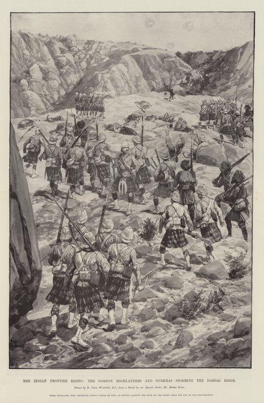 The Indian Frontier Rising, the Gordon Highlanders and Gurkhas Storming the Dargai Ridge by Richard Caton Woodville junior