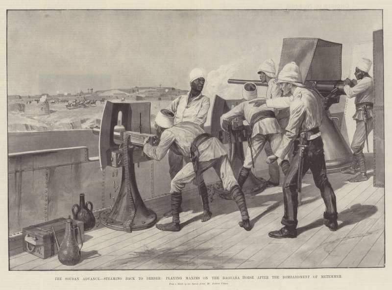 The Soudan Advance, steaming back to Berber, playing Maxims on the Baggara Horse after the Bombardment of Metemmeh by Richard Caton Woodville junior
