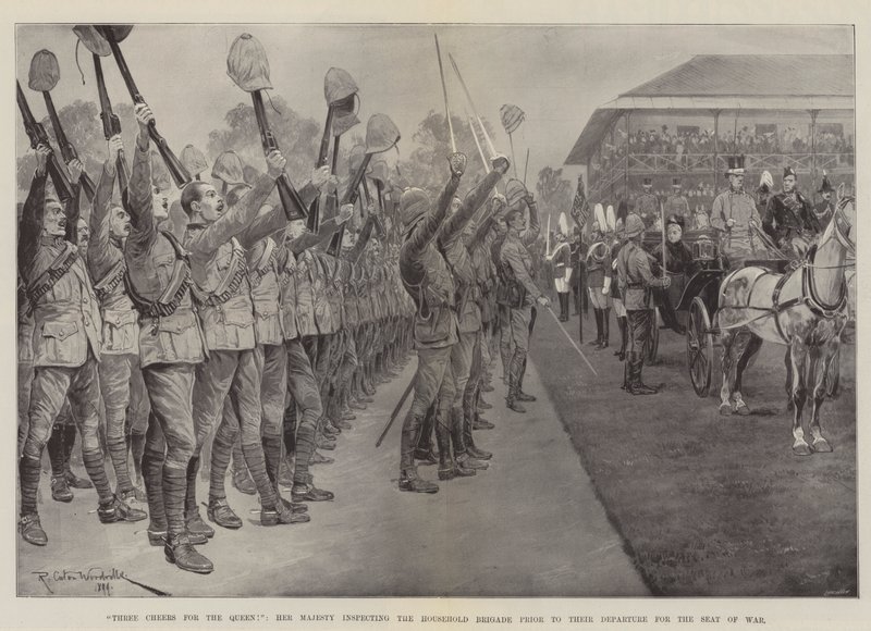 Three Cheers for the Queen!, Her Majesty Inspecting the Household Brigade Prior to their Departure for the Seat of War by Richard Caton Woodville junior