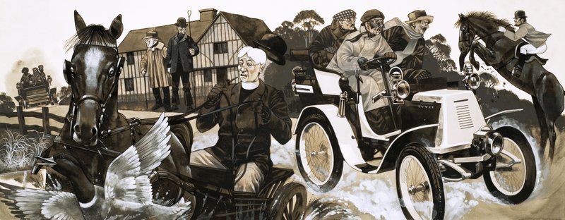 A Noisy New Motor Car Frightening Villagers and Their Horses by Richard Hook