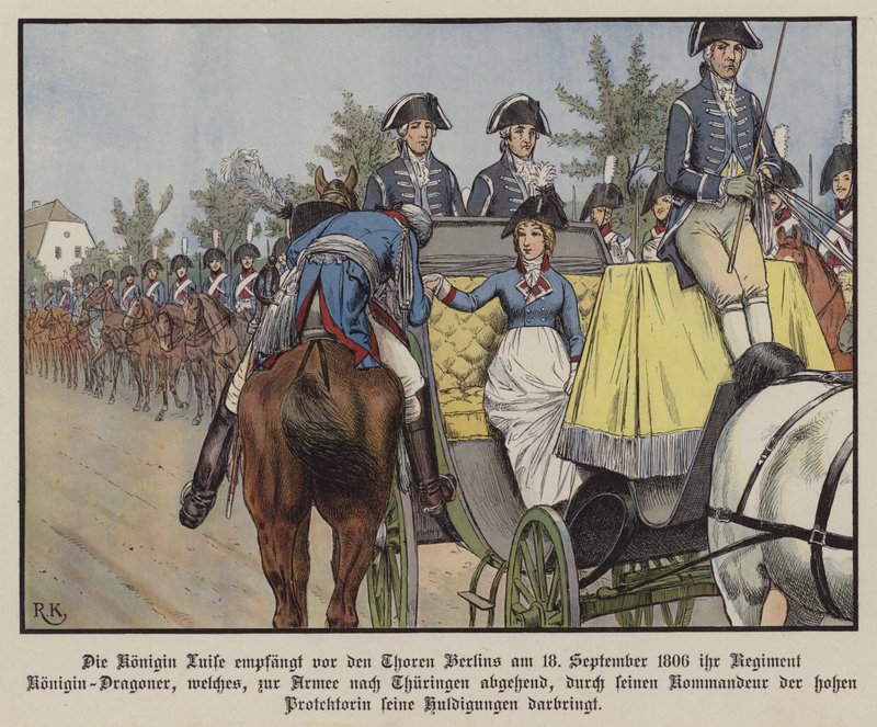 Queen Louise of Prussia reviewing her regiment of Dragoons, Berlin by Richard Knotel