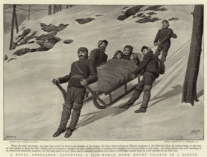 A Novel Ambulance, Conveying a Sick Woman Down Mount Pilatus in a Sledge by Robert Barnes