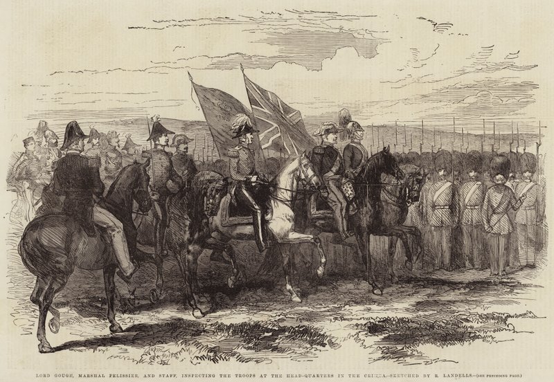 Lord Gough, Marshal Pelissier, and Staff, Inspecting the Troops at the Headquarters in the Crimea by Robert Thomas Landells