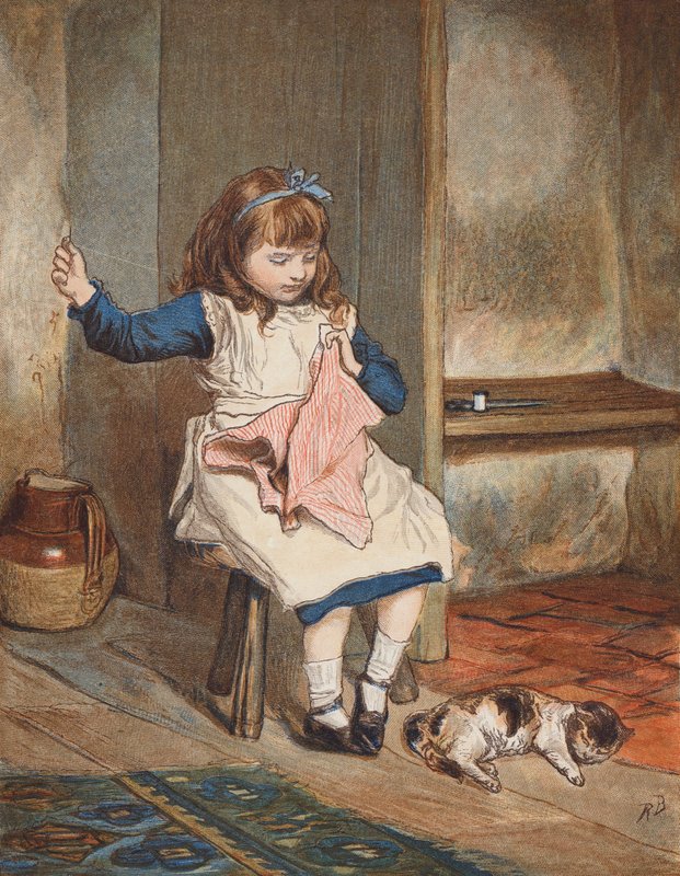 Girl sewing with cat at her feet by Robert Barnes