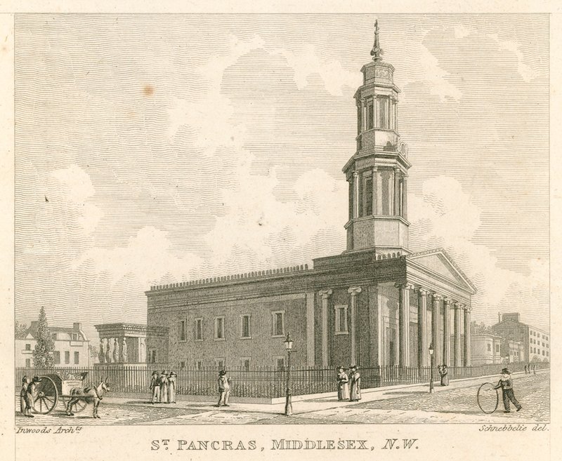 St Pancras Church, London, Middlesex; north west view by Robert Blemell Schnebbelie