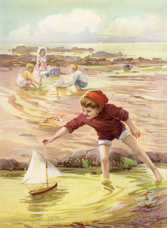His New Boat - Boy Playing with Toy Boat on the Beach by Robert Lillie