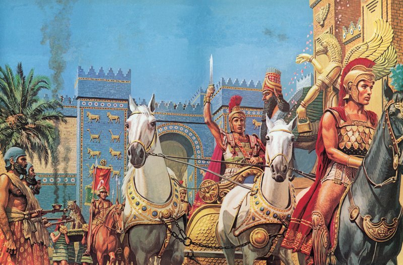 Alexander The Great, borne in his chariot, riding in triumph into Babylon by Roger Payne