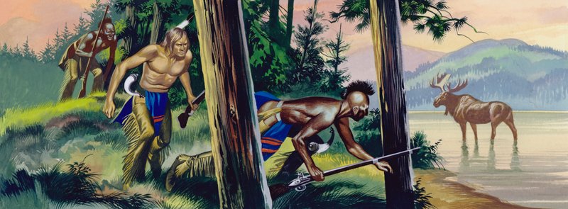 Native American Indians stalking an elk by Ron Embleton