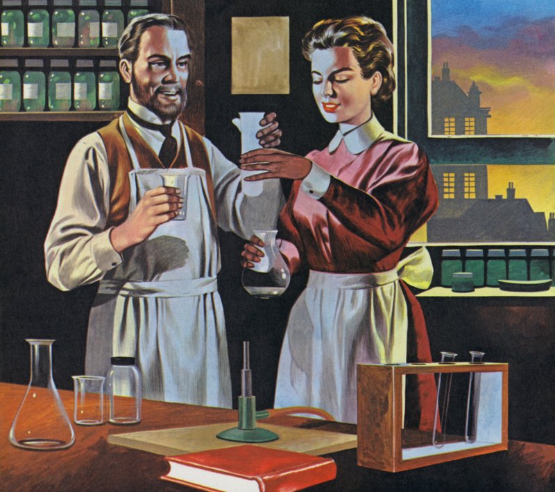 Pierre and Marie Curie in Their Laboratory in Paris by Ron Embleton