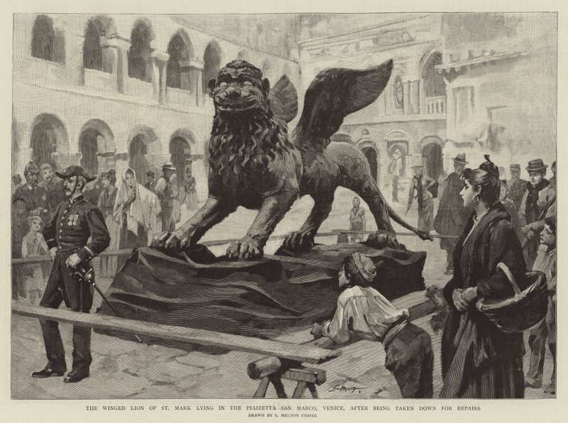 The Winged Lion of St Mark lying in the Piazzetta San Marco, Venice, after being taken down for repairs by Samuel Melton Fisher