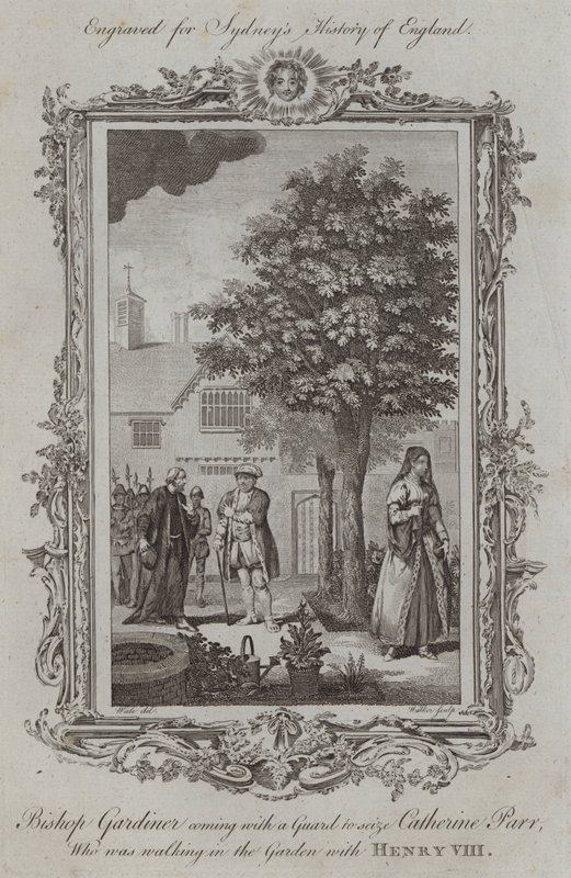 Bishop Gardiner coming with a Guard to seize Catherine Parr, who was walking in the Garden with Henry VIII by Samuel (after) Wale