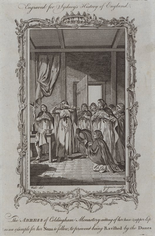The Abbess of Coldingham Monastery cutting off her nose and upper lip as an example for her nuns to follow, to prevent being ravished by the Danes by Samuel (after) Wale