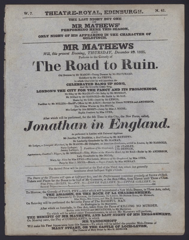 Theatre Programme for the Theatre Royal, Edinburgh, 29 December 1825 by Scottish School
