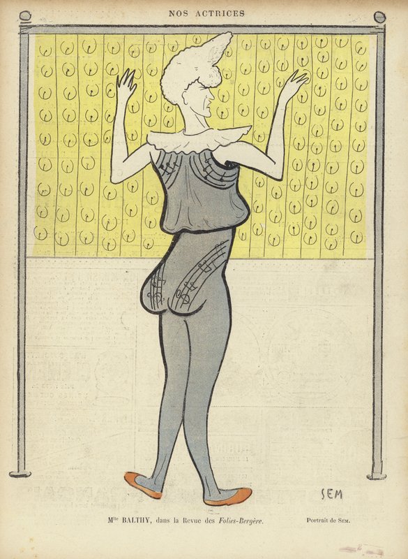 Louise Balthy, French actress, at the Folies-Bergere, illustration for Le Rire by Sem