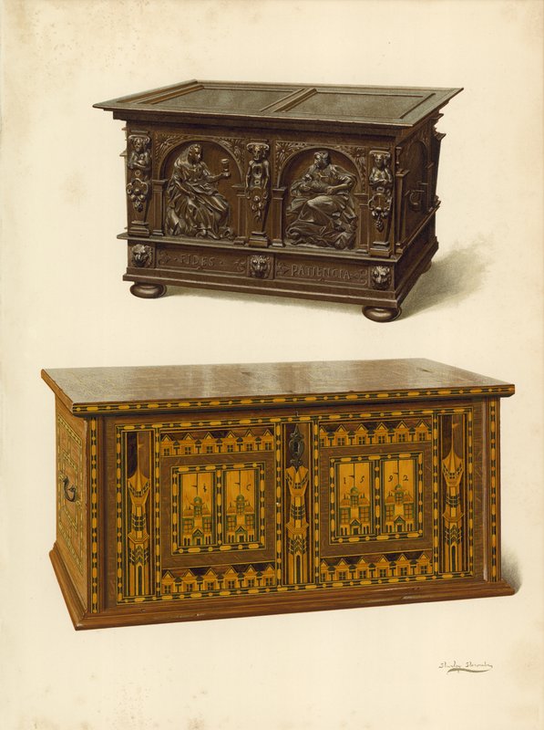Oak Chest, Property of Seymour Lucas; Oak Inlaid Nonesuch Chest by Shirley Charles Llewellyn Slocombe