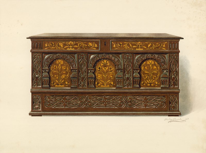 Oak Inlaid Chest, Property of Arthur James by Shirley Charles Llewellyn Slocombe