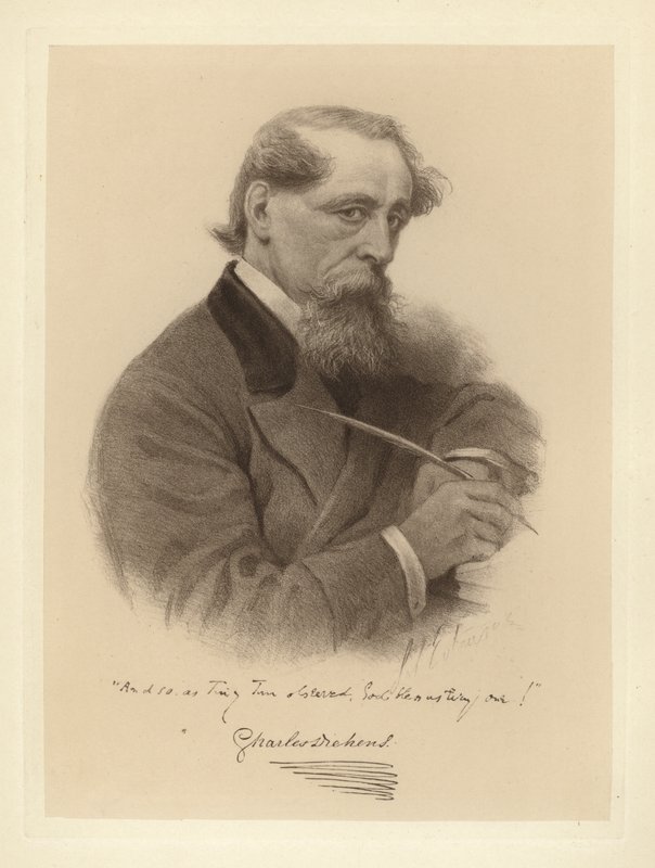 Portrait of Charles Dickens holding his pen by Solomon (after) Eytinge