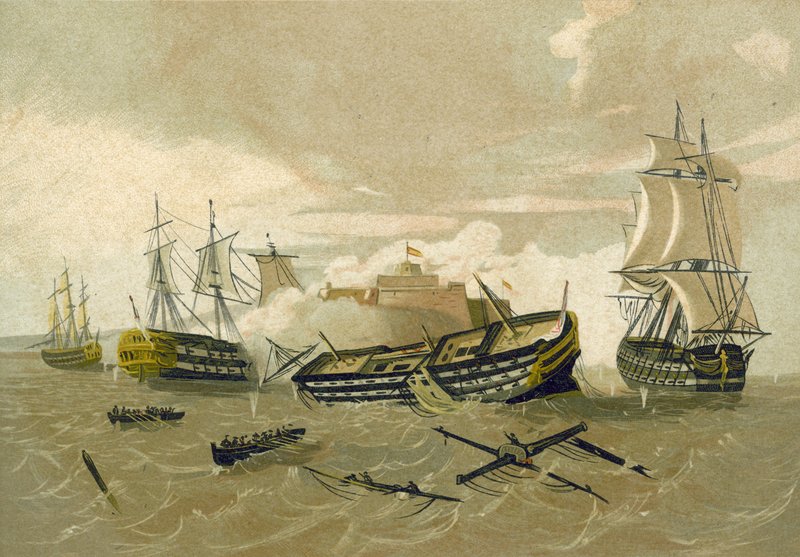 British fleet attacking Castillo del Morro, Cuba, 1761 by Spanish School