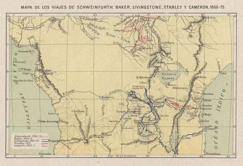 Map showing the journeys of the explorers Georg August Schweinfurth, Samuel Baker, David Livingstone, Henry Morton Stanley and Verney Lovett Cameron in Africa by Spanish School