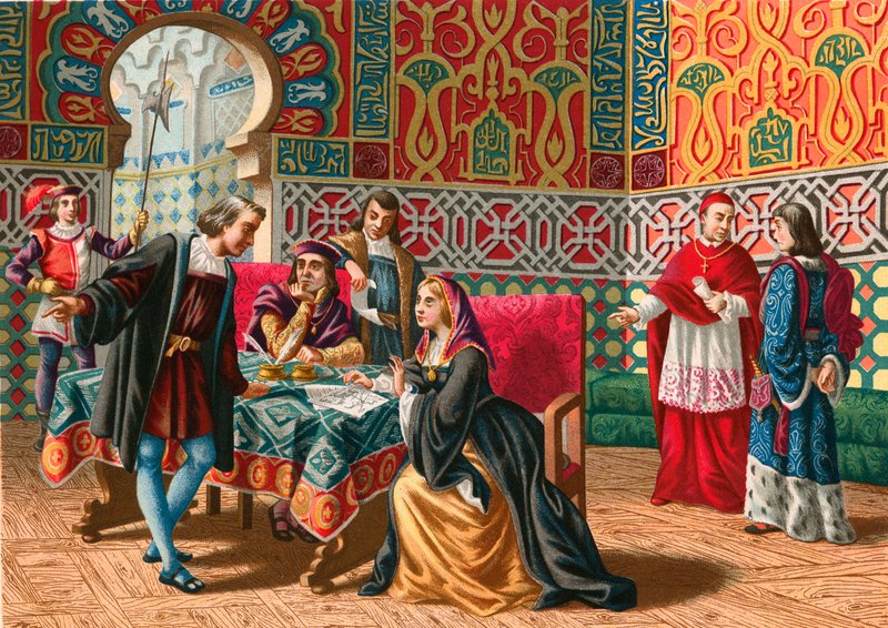 Meeting between Columbus and Ferdinand and Isabel before the voyage of discovery by Spanish School