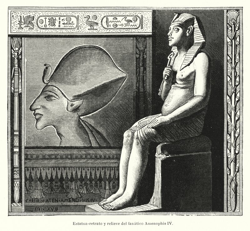 Seated statue and relief of the Ancient Egyptian Pharaoh Akhenaten (Amenhotep IV) by Spanish School