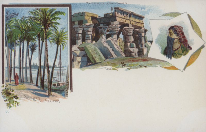 Egyptian scenes: palm trees on the banks of the Nile at Gezira, Cairo, and the Temple of Kom Ombo by Swiss School