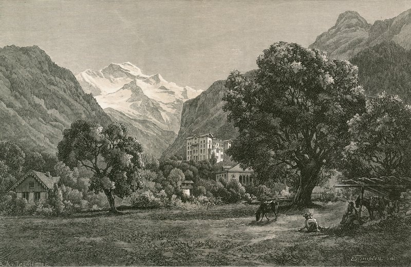 The Jungfrau, and opening of the Lauterbrunnen Valley, from near Interlaken by Swiss School