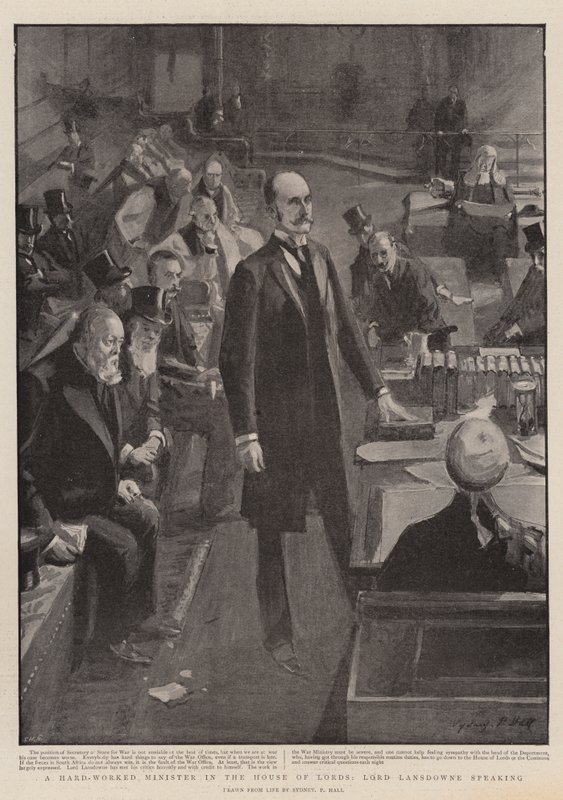 A Hard-Worked Minister in the House of Lords, Lord Lansdowne speaking by Sydney Prior Hall