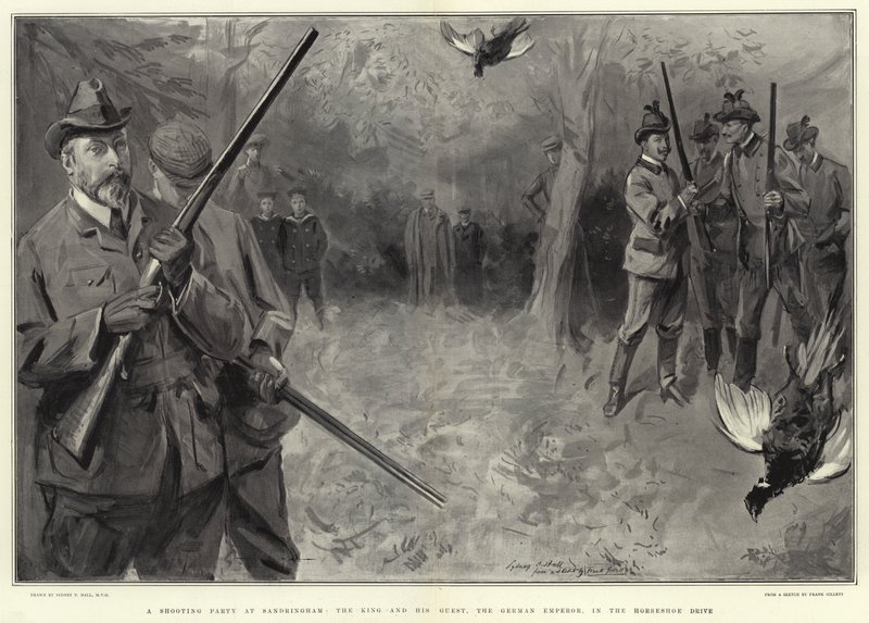 A Shooting Party at Sandringham, the King and His Guests, the German Emperor, in the Horseshoe Drive by Sydney Prior Hall