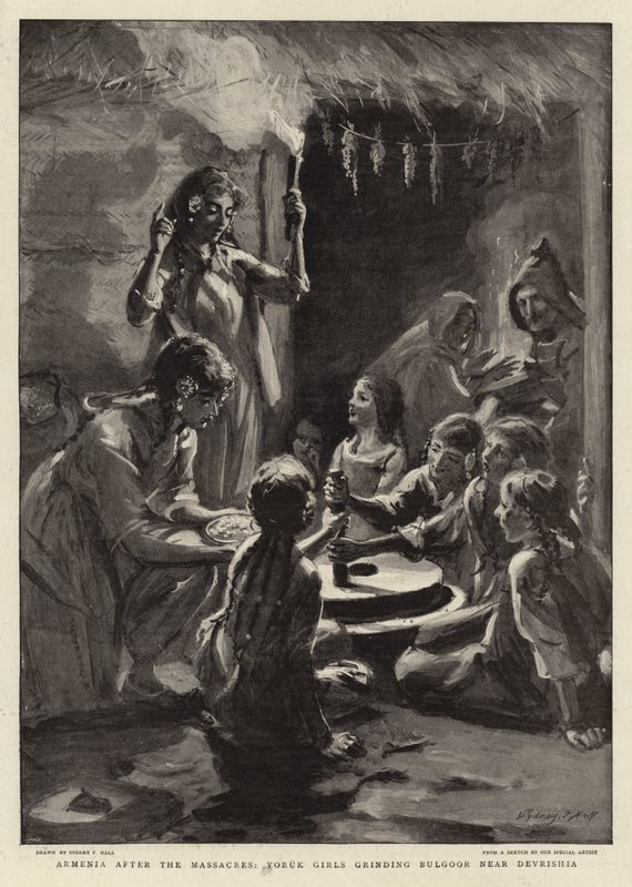 Armenia After the Massacres, Yoruk Girls Grinding Bulgoor Near Devrishia by Sydney Prior Hall