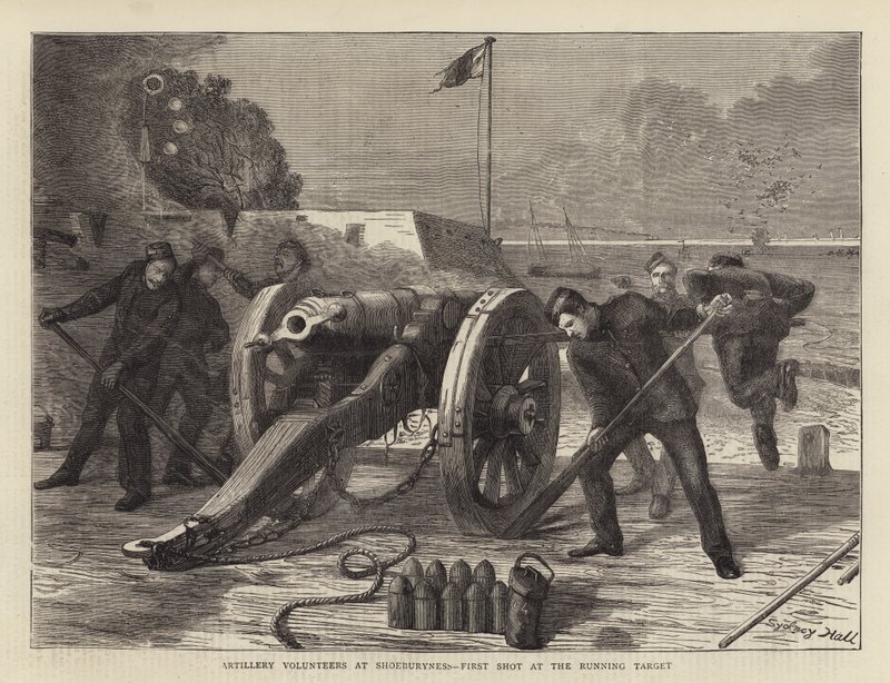Artillery Volunteers at Shoeburyness, First Shot at the Running Target by Sydney Prior Hall